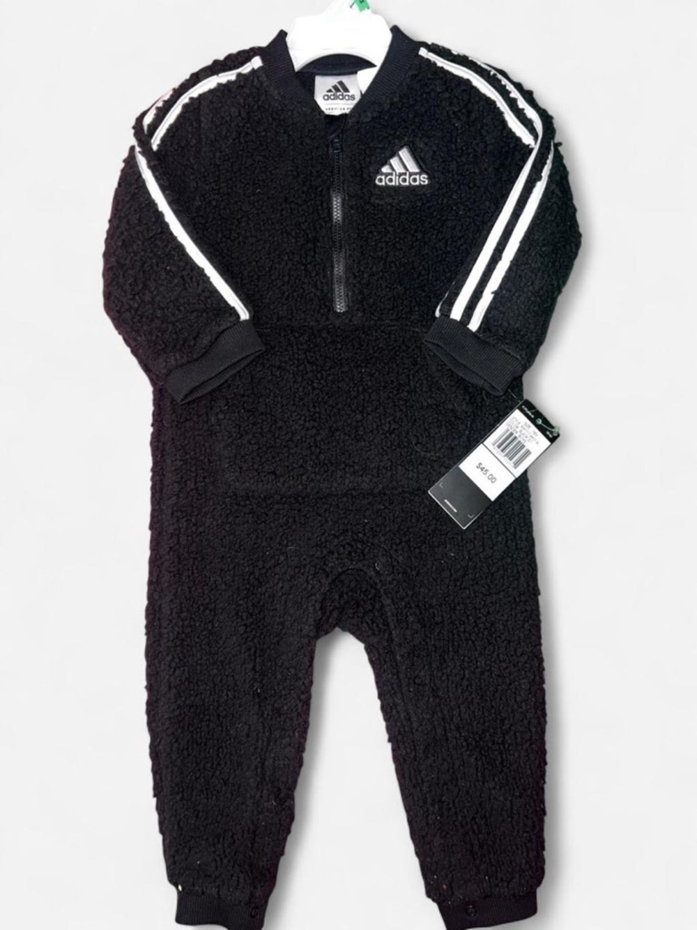 adidas Black Sherpa Footed One-Piece with White Stripes
